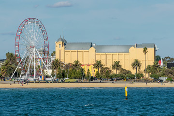 View of St. Kilda from the Pier with the beach, the Ferris wheel and the theater, Melbourne,...
