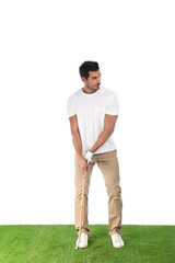 Fototapeta na wymiar Young man playing golf on white background