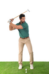 Young man playing golf on white background