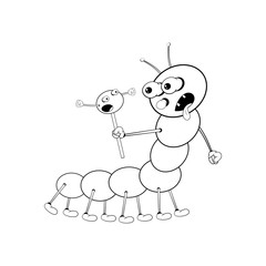 Funny cartoon caterpillar holding candy in his hand. Black and white coloring