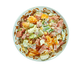 Cabbage salad with ham, cucumber and corn