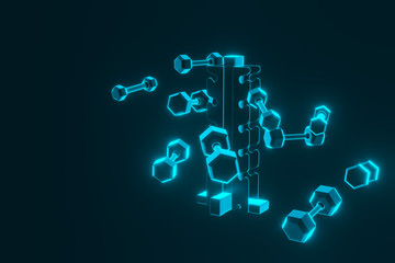 3D rendering. Set of isolated dumbbells for sport on a blue background folded on a special black metal stand. Dumbbells of different weight category. Dumbbell with different weights