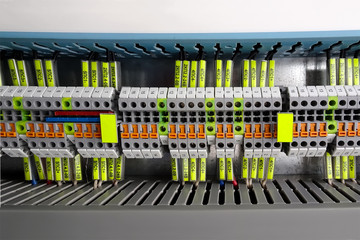 Terminal blocks for electrical connection. Wiring connectors in the assembly of the automation...