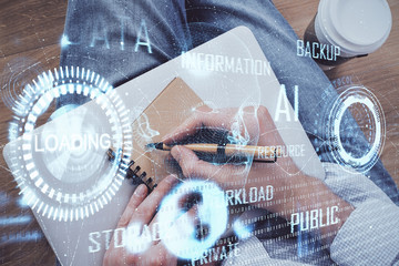 Writing human hands with data theme multi exposure icons.