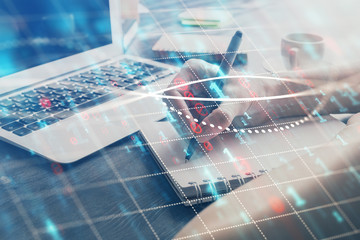 Forex chart displayed on woman's hand taking notes background. Concept of research. Multi exposure