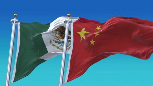 4k Seamless Mexico and China Flags with blue sky background;A fully digital rendering;The animation loops at 20 seconds;MEX MX CHN CN.