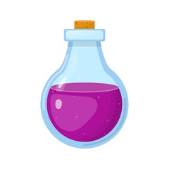 Magic potion in bottle with purple liquid isolated on white background. Chemical or alchemy elixir. Vector illustration for any design.