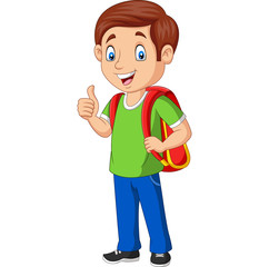 Cartoon happy school boy with backpack giving a thumb up