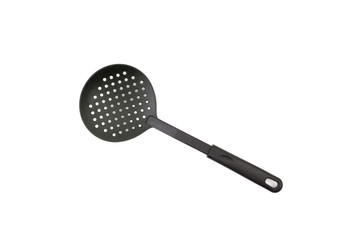 Black kitchen spatula utensils or kitchenware closeup isolated on white background