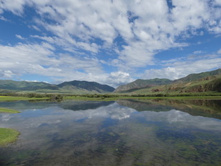 Beautiful landscape in western China Mountains clouds blue sky and mirroring christal clear lake
