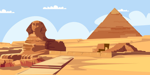 Sphinx and pyramid flat vector illustration