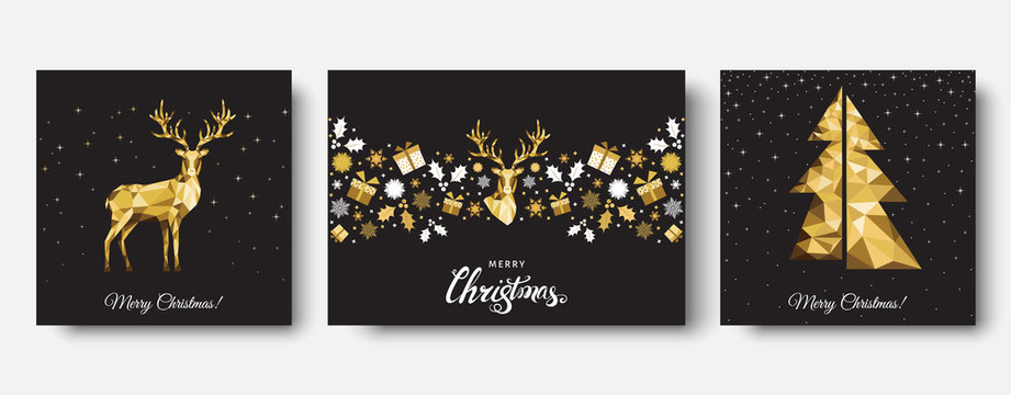 Christmas  golden  decoration  with  Xmas  reindeer, gifts,  snowflakes.