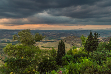 Fototapeta na wymiar Wonderful Sicilian Landscape at Sunset During a Cloudy Day, Mazzarino, Caltanissetta, Sicily, Italy, Europe