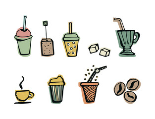 Drinks coffee and tea set hand-drawn doodle. Vector color isolated illustration.