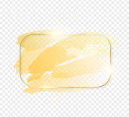 Gold shiny glowing rectangle frame with golden brush strokes isolated on transparent background. Golden luxury line border for invitation, card, sale, fashion, wedding, photo etc. Vector illustration
