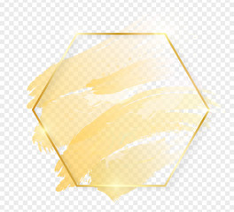 Gold shiny glowing hexon frame with golden brush strokes isolated on transparent background. Golden luxury line border for invitation, card, sale, fashion, wedding, photo etc. Vector illustration