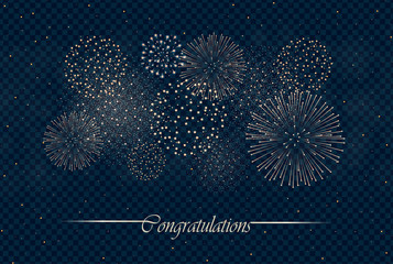 Big realistic firework show isolated on transparent night sky background. Independence day concept. Congratulations background. Luxury abstract. Explosion concept. Galaxy show. Vector illustration
