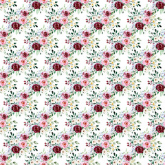 Seamless floral pattern, vintage background with watercolor flowers pink and purple roses, leaves. Repeating fabric wallpaper print texture. Perfectly for wrapped paper, backdrop. Hand paint. 