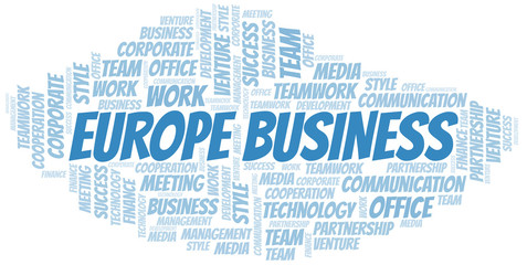 Europe Business word cloud. Collage made with text only.