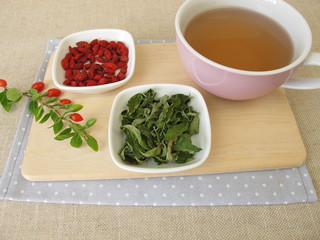 Tea with dried goji berries and goji leaves