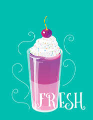 Cocktail jelly shot with cream and cherry on top. Fresh sweet drink ads concept. Vector illustration.