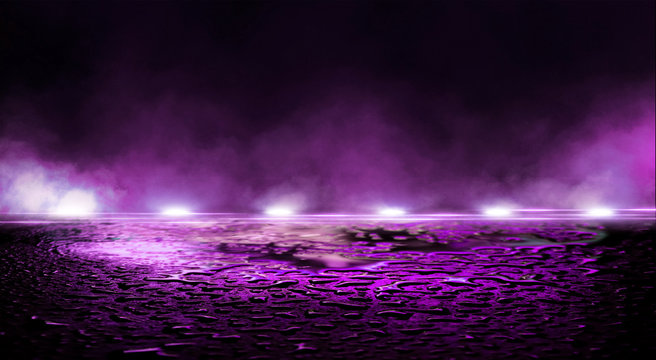 Background wall with neon lines and rays. Background dark corridor with neon light. Abstract background with lines and glow. Wet asphalt, neon smoke.