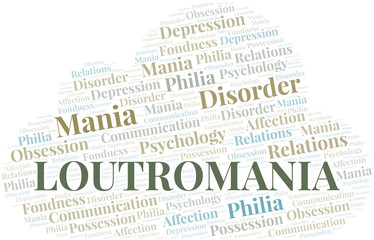 Loutromania word cloud. Type of mania, made with text only.