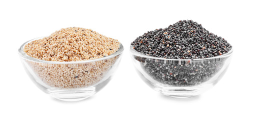 Bowls with different poppy seeds on white background