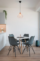 Dining table next to kitchen in contemporary house