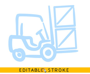 Forklift icon. Blue color line doodle sketch. Editable stroke icon.