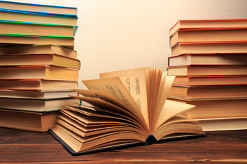 Education learning concept with opening book or textbook in old library, - Image