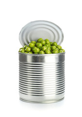 Tin can with peas on white background