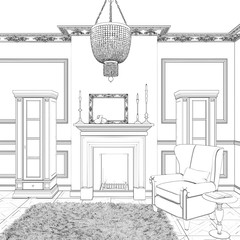 3d illustration. Sketch of the private cabinet in classic style with fireplace and library