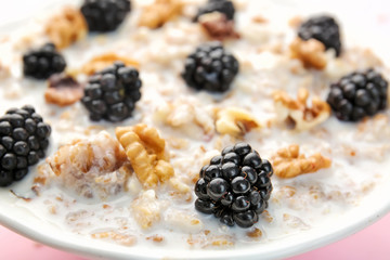 Tasty sweet oatmeal with blackberry and nut in bowl, closeup