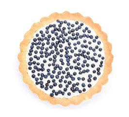 Tasty bilberry pie on white background