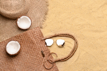 Fototapeta na wymiar Composition with beach accessories on sand