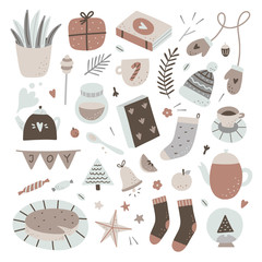 Home scandinavian lifestyle vector illustrations. Cute hygge elements, food, books, interior objects on white background 