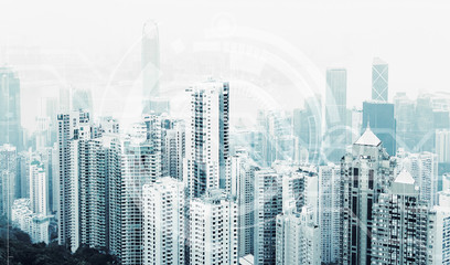 Fototapeta na wymiar Modern urban skyline. Global communications and networking. Cyberspace in big city.