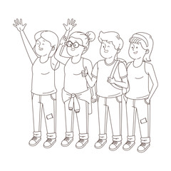 Teenagers friends smiling and greeting in black and white