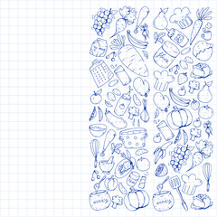 Obraz premium Healthy food and cooking. Fruits, vegetables, household. Doodle vector set.