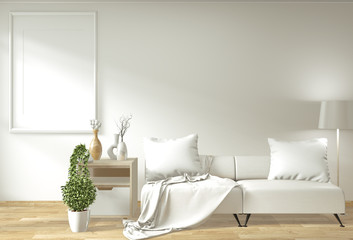 Modern zen living room interior with sofa and green plants japanese minimal design. 3d rendering.