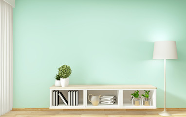 Tv shelf in mint room modern tropical style - empty room interior - minimal design. 3d rendering