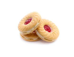 Jam sandwich biscuit from above isolated on white