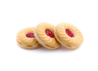 Jam sandwich biscuit from above isolated on white