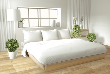 Home interior wall mock up with wooden bed, curtains and decoration japanese style in zen bedroom minimal design. 3D rendering.