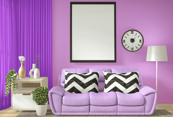 Interior poster frame mock up living room with purple wall andl white sofa. 3D rendering.