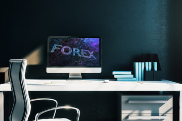 Cabinet desktop interior with financial charts and graphs on computer screen. Concept of stock market analysis and trading. 3d rendering.