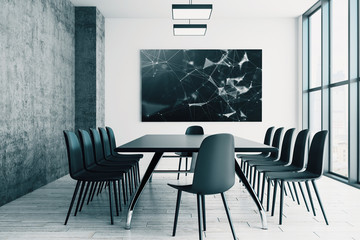 Conference room interior with abstract technology picture on screen monitor on the wall. Data...