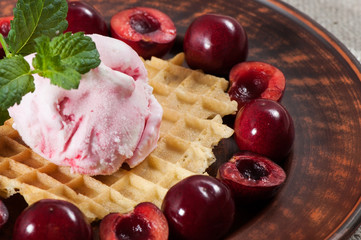 Ice cream with cherries on a sweet waffle, decorated with a sprig of mint.