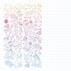 Pet shop. Vector illustration with animals, dog, cat, fish, Colorful background with kitten, bird, puppy. Veterinarian clinic.